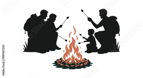 Camping Family Silhouette Around Campfire Vector Illustration, Outdoor Adventure Hiking Scene.