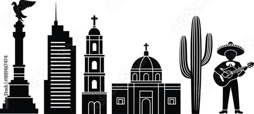 Mexico city skyline silhouette, with angel independence cathedral church cactus mariachi musician urban landmark vector illustration isolated black white design travel tourism culture icon