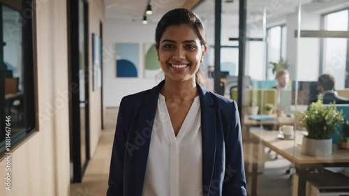 Confident Businesswoman Walking and Smiling Towards the Camera in a Modern Office Environment