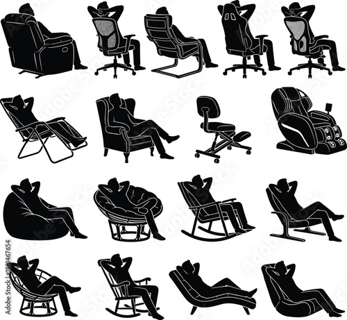 Relaxing people silhouettes sitting on various chairs, sofa recliner rocking chair bean bag lounge furniture icons set illustration for modern interior lifestyle design concepts