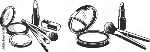 Makeup Cosmetics Illustration with Brushes, Lipstick, Compact and Beauty Tools.