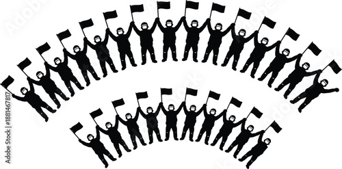 Silhouette crowd holding flags forming curved lines, unity celebration teamwork protest concept illustration isolated on white background for social movement freedom solidarity diversity design