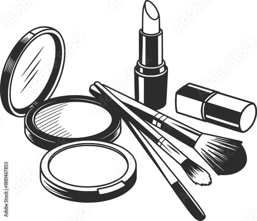 Makeup Cosmetics Illustration with Brushes, Lipstick, Compact and Beauty Tools.