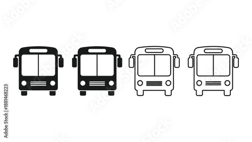 Four stylized bus icons arranged in a row on a white background.
