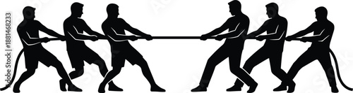 Tug of war team competition silhouette, people pulling rope together, teamwork strength challenge concept, leadership cooperation strategy, black shadow illustration isolated on white background