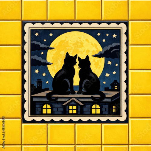 Decorative square tile with a minimalist illustration of two black cats on a roof, with a yellow full moon and stars in the background, embedded in a yellow mosaic wall. Interior decor, tile patterns
