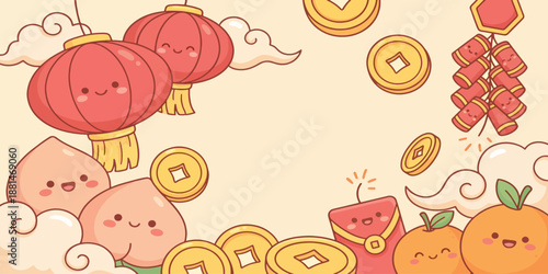Charming Kawaii Chinese New Year Celebration with Cute Peaches, Oranges, Lanterns, and Coins