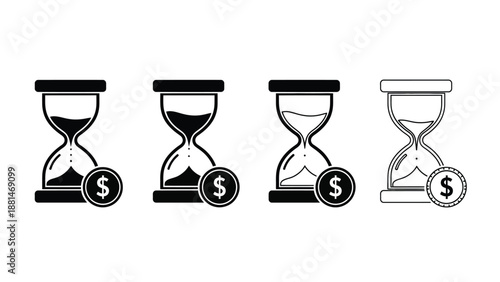 Four hourglasses with dollar coins symbolize the passage of time and financial value.