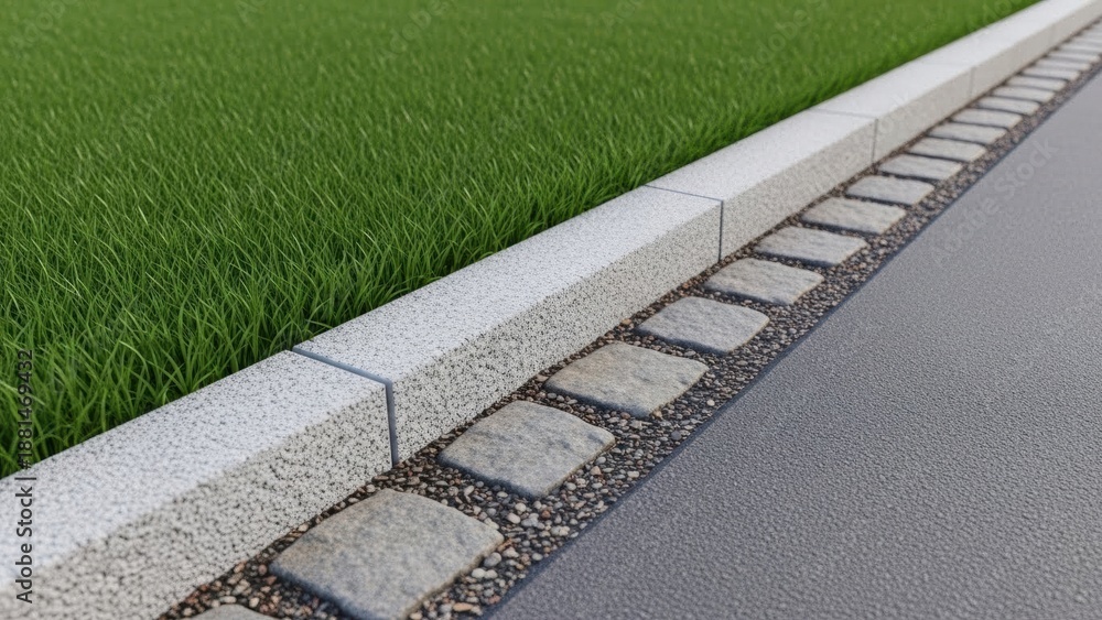Fototapeta premium Close view of a textured lawn edge border with cobblestone and asphalt