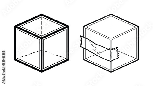 Two cubes are depicted with one showing a piece of tape wrapped around it.