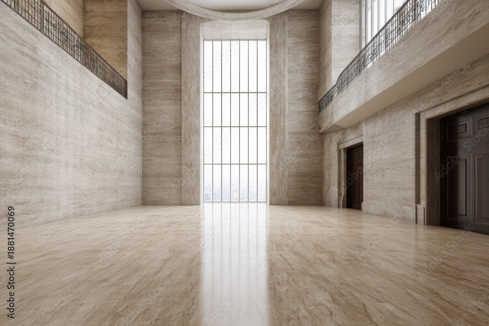 Fototapeta premium Luxury Modern Interior with Double-Height Ceiling, Travertine Walls and Reflective Floor