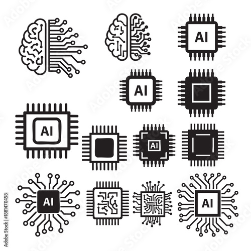 Artificial intelligence chip icons connected to human brain illustrations