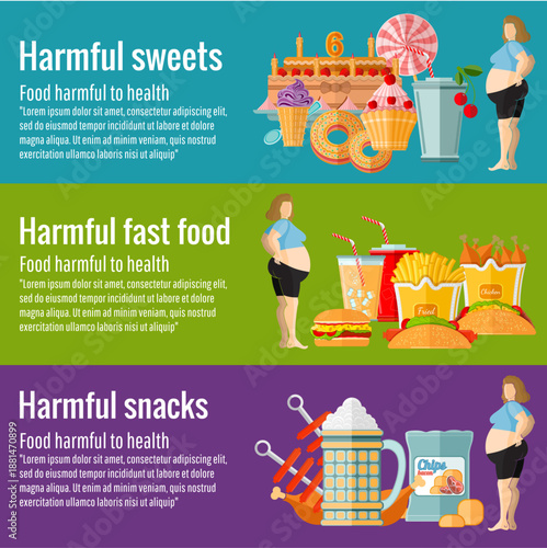 Harmful Food Infographic Vector Infographic In Flat Style. Harmful Sweet, Snak and Fastfood