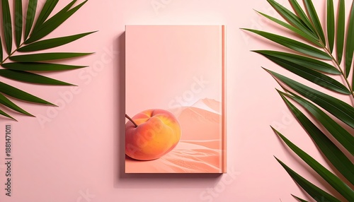 Peach on a book among palm leaves
