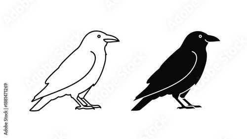 Simple line art and solid silhouette graphic design featuring two different styles of a standing black crow or raven bird icon.