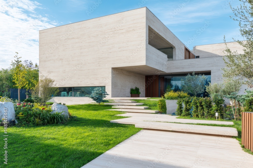 Fototapeta premium Modern Luxury House Exterior: Travertine Facade, Geometric Design, Lush Garden, Sunny Day