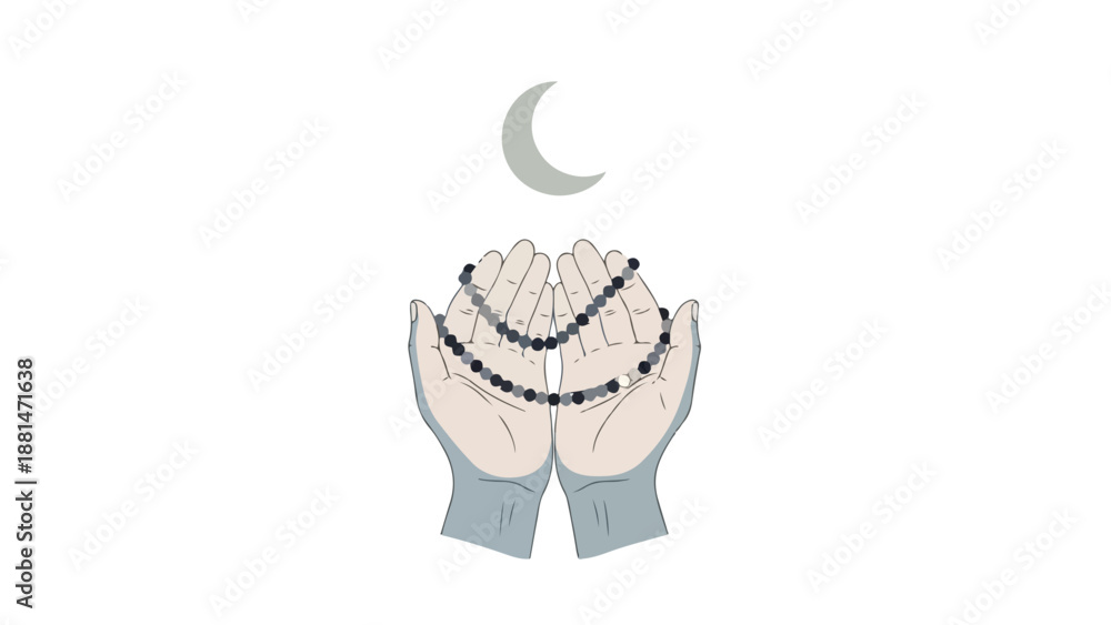 Obraz premium Illustration of cupped hands holding prayer beads under a crescent moon on a white background with a simple, symbolic composition.