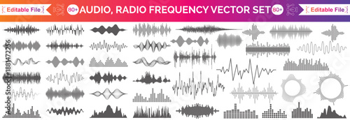 Sound waves collection. Analog and digital audio signal. Music equalizer. Interference voice recording. High frequency radio wave. Vector illustration.