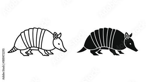 Two distinct armadillo icons are presented side by side featuring a simple outline version and a solid black silhouette version for design versatility.