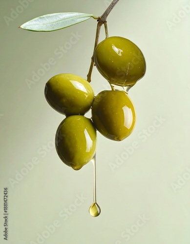 A close-up of four green olives on a branch with a leaf and a single drop of oil