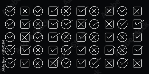 Check tick mark icon set. Cross box x check mark checkbox list vector draw hand drawn sketch doodle brush marker checklist symbol wrong right circle. hand drawn, grunge X sign. Vector illustration.