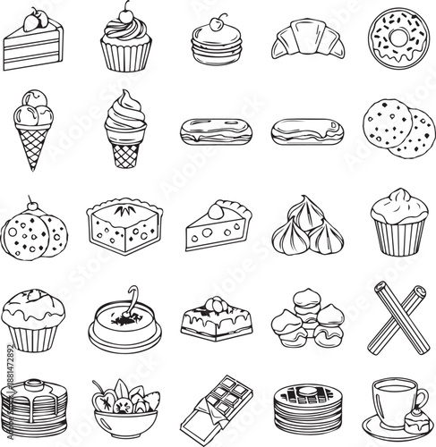 SWEET DESSERT AND BAKERY FOOD LINE ICON SET FOR MENU