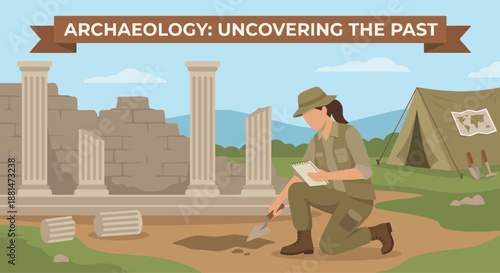 考古學家在遺址工作
Flat vector illustration of an archaeologist working at an ancient ruin site. Stone walls, columns, and tools visible. Flat vector style, educational and historical atmosphere.