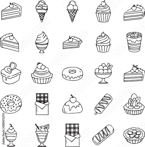 SWEET DESSERTS AND BAKERY PASTRIES MINIMALIST LINE ART ICON SET