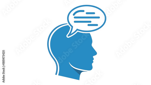 A blue silhouette of a human head with a speech bubble, representing thought and communication.