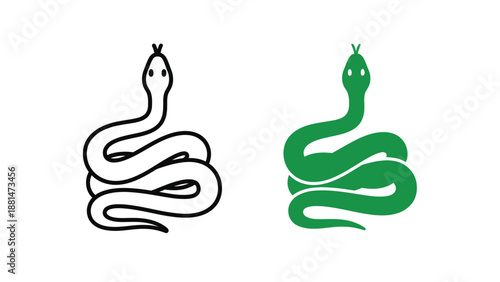 Simple yet expressive illustration showing a coiled green snake icon next to its black and white outline version for design versatility