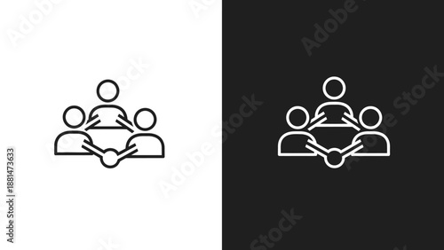 Stylized icons depict a small group of people connecting and collaborating together.