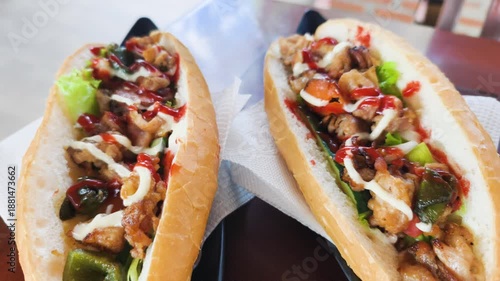 This Asian Banh Mi has fresh greens and pork. Order Asian Banh Mi for quick lunch. Tasty baguette with red sauce is best choice for hungry people in city now. Quick Asian Snack Concept