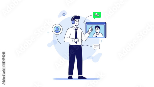 Online Communication and Support Concept: Man with Headphones Video Calling