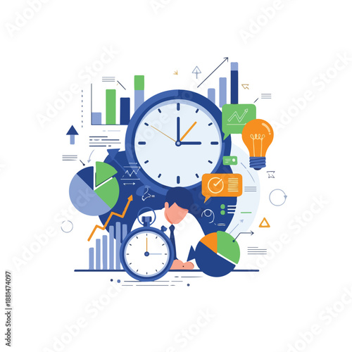 A man in a white shirt and blue tie surrounded by clocks and graphs