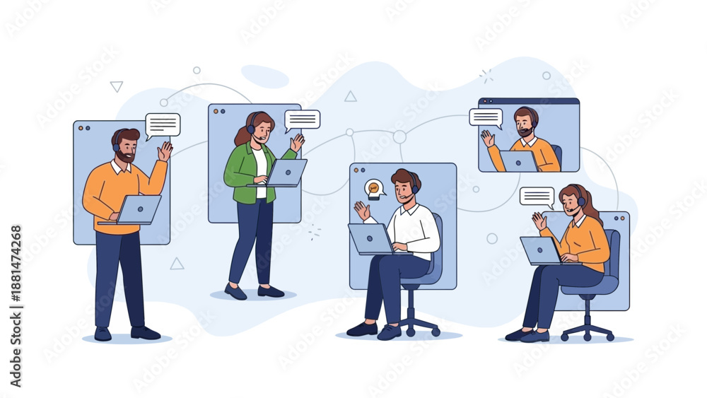 Naklejka premium Remote Team Collaboration: Diverse People Connecting Online for Business