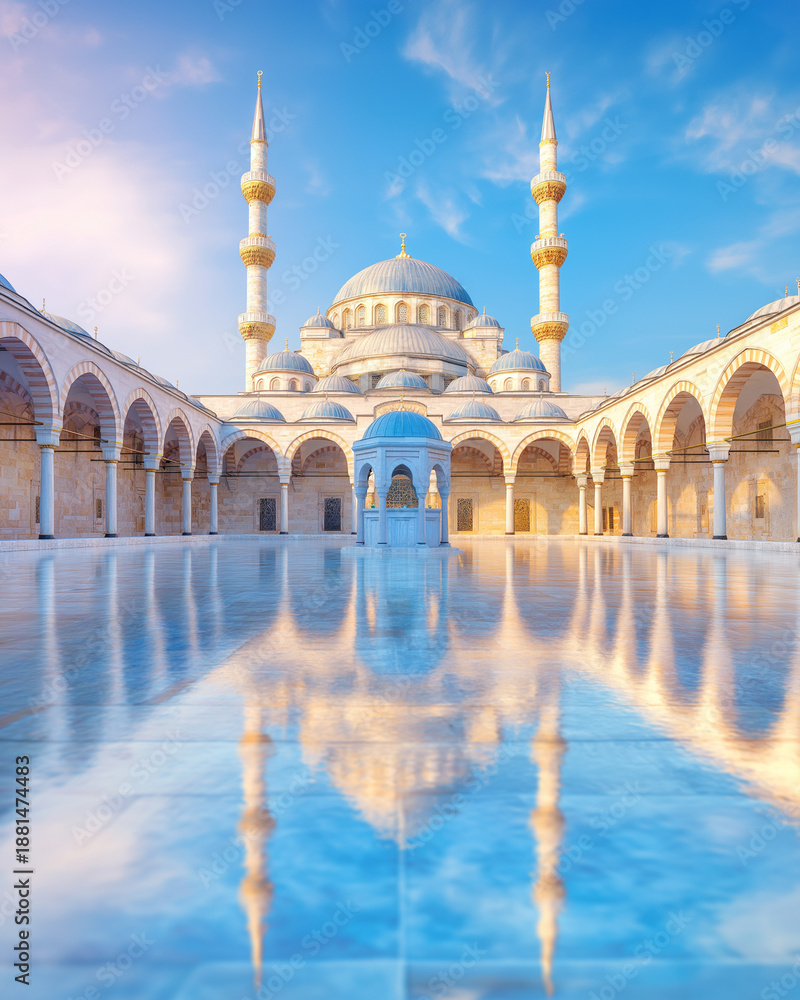 Fototapeta premium Vertical Symmetrical Ottoman Mosque Courtyard with Reflective Marble Floor and Minarets at Sunrise