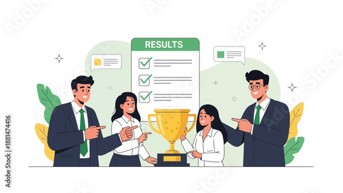 Teamwork success, winning trophy, business results, checklist, celebration