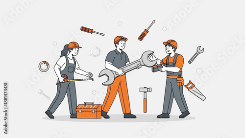 Teamwork with Tools and Wrench, Repair and Maintenance Concept