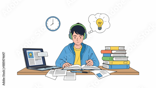 A student studies at a desk with books, laptop, and clock