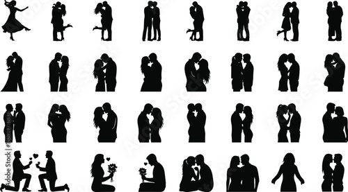 Romantic couple silhouette collection, featuring love poses kissing hugging proposals black isolated vector illustration set for valentines day designs romantic.