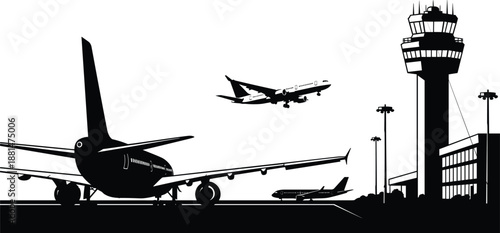 Airport runway and control tower silhouette with passenger airplanes taking off and landing isolated on white background representing aviation travel transportation and air traffic management concept