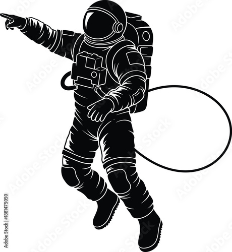 Astronaut silhouette floating in space suit with tether isolated on white background representing space exploration science technology discovery and futuristic outer space mission concept