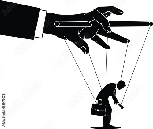Business manipulation concept silhouette showing hand controlling businessman like puppet with strings isolated on white background symbolizing power control influence exploitation and corporate press