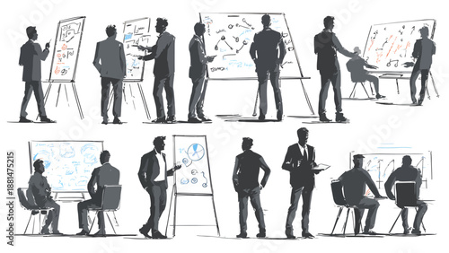 Vector Illustration Set of Business Professionals Creating Strategy Plans