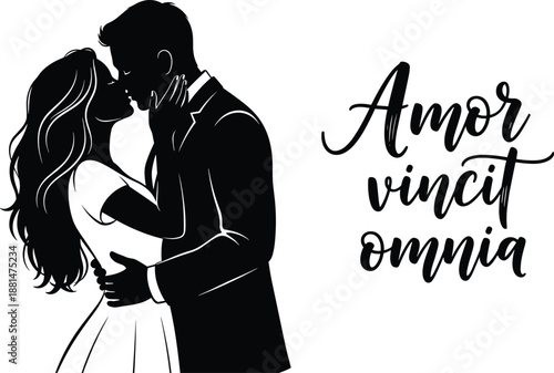 Romantic couple silhouette illustration showing a woman whispering to a man, isolated on black background for Valentines Day and wedding designs
