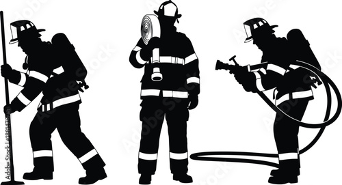 Firefighter silhouettes set with fire hose axe and protective gear isolated on white background representing emergency service fire safety rescue teamwork and disaster response concept
