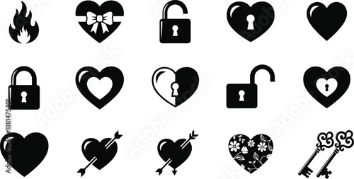 Set of black love icons featuring hearts, locks, keys, and fire symbols for Valentine Day, romantic wedding, and website interface design.