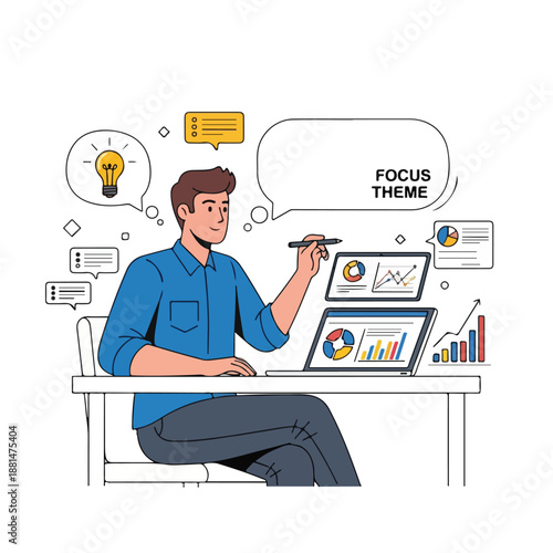 A man works at a desk with laptops and thinks about a focus theme