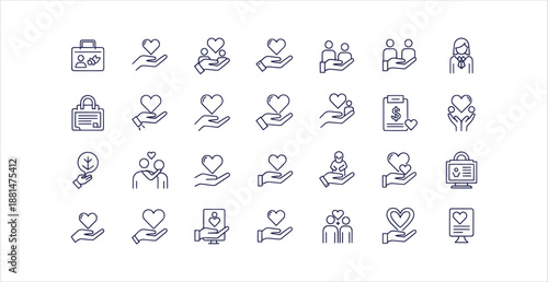 Charity and Support Outline Icon Set Corporate Social Responsibility Giving Love