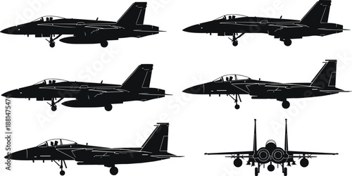 Military fighter jet silhouettes set in multiple side front and landing views isolated on white background representing air force aviation combat defense technology concept